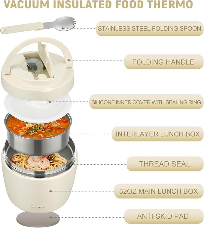 wiwens Thermo Food Jar for Hot Food Adults 32OZ Soup Thermo Lunch Containers Wide Mouth Vacuum Insulated Stainless Steel Leakproof Bento Box with Spoon (Beige)