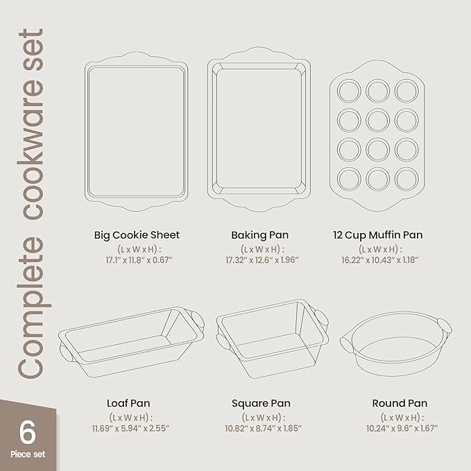 BAKKEN Kitchen Baking Pan Set - Nonstick Coating, Carbon Steel Bakeware Sets with Blue Silicone Handles, Baking Kitchen Essentials, PFOA, PFOS, PTFE Free, Oven Safe Tray (Up To 450° F), Set of 6