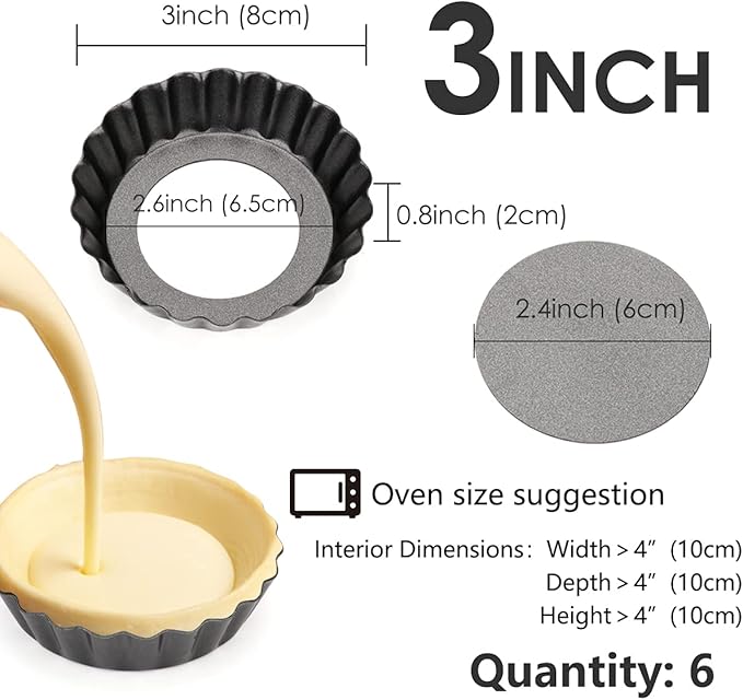 6 pcs Egg Tart Molds, 3" Mini Tart Pans Removable Bottom, Cupcake Cake Muffin Mold Tin Pan Baking Tool, Reusable Quiche Bakeware Carbon Steel for Pies, Quiche Bakeware, Cheese Cakes, Desserts
