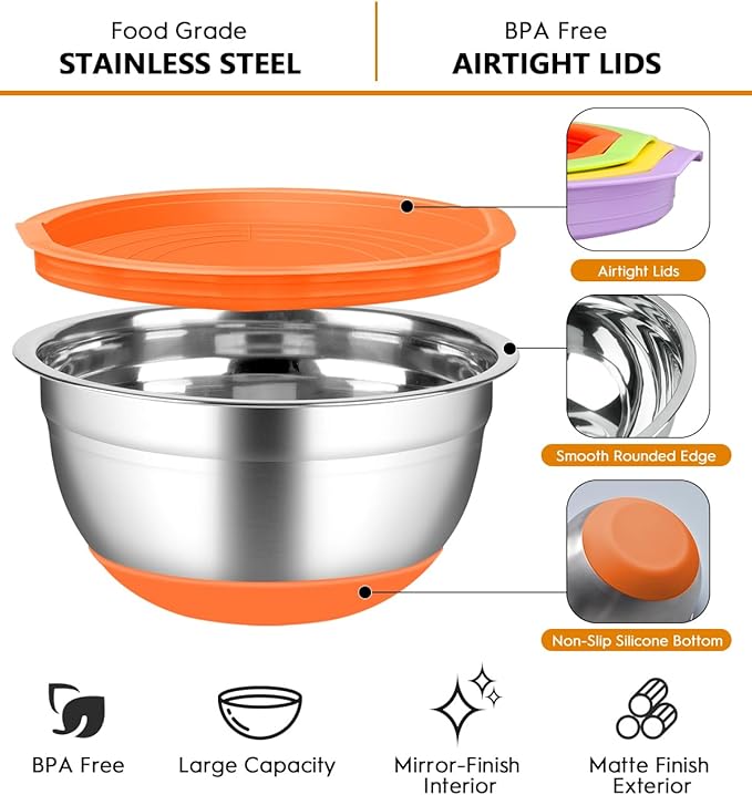 CHAREADA Mixing Bowls with Airtight Lids, 18pcs Stainless Steel Nesting Mixing Bowls Set Non-slip Silicone Bottom, Size 4.5, 3.6, 2.7, 2.1, 1.7, 1.1, 0.7 qt, Fit for Mixing & Serving(Colorful)