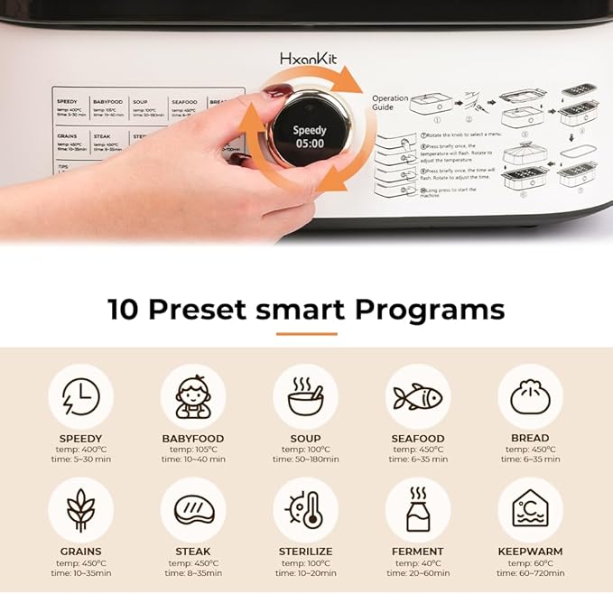 450C/842F Electric Food Steamer,Superheated Steam Cooker, 40% Less Fat, Premium Borosilicate Glass Lid, 10 One-Touch Presets, No Descaling 2+ Years, Real-Time Temp Display, 8 Qt 1800W White