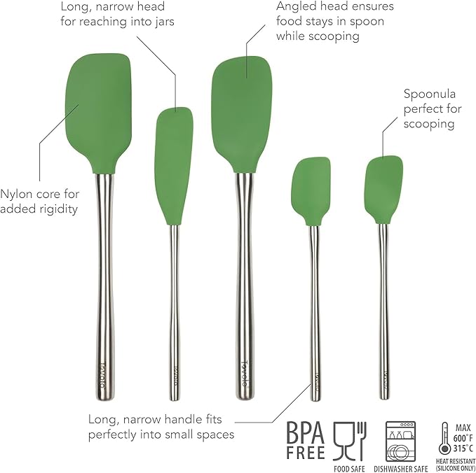 Tovolo Stainless Steel Handled Silicone Spatula Set of 5 Oyster Gray, Dishwasher Safe Kitchen Spatula Set for Cooking Baking, Non Toxic BPA Free Silicone Spatula set with Metal Steel Handle