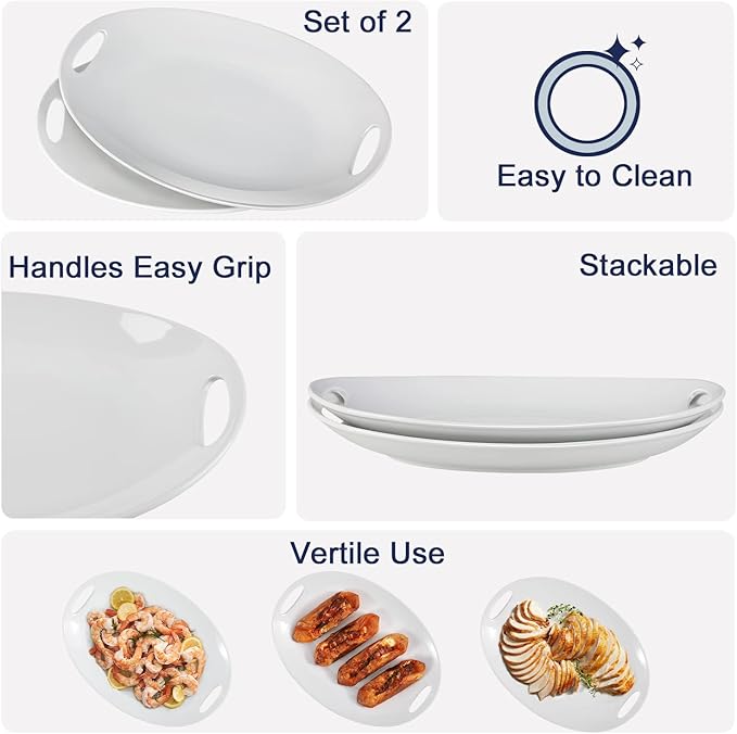 Buyajuju Porcelain Serving Platter with Handles, 14" serving dishes for entertaining, Oval Serving tray for Salad, Stew, Fruits and Pasta, Set of 2, White