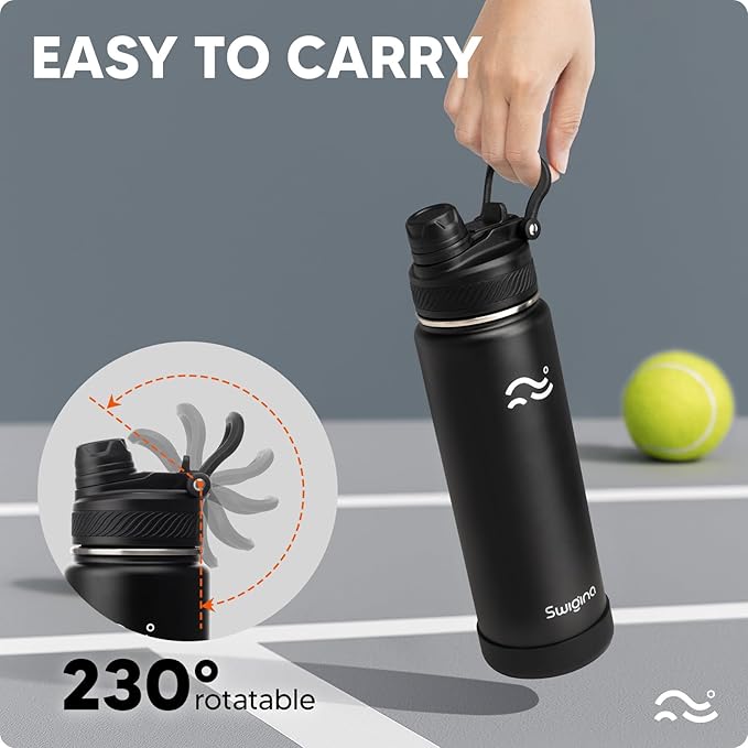 Swigina [2-IN-1 LID] Insulated Water Bottle with Silicone Boot (36hrs Cold/18hrs Hot) - DIY Stickers, Leakproof, BPA Free, Black, 24 oz