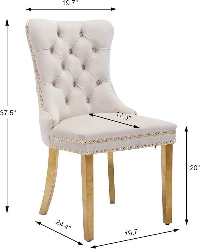 Beige Velvet Dining Chairs Set of 4, Upholstered Dining Room Chairs with Back Ring Pull Trim and Golden Stainless Steel Legs,Modern Kitchen Chairs for Dining Room,Living Room,Kitchen(Beige)