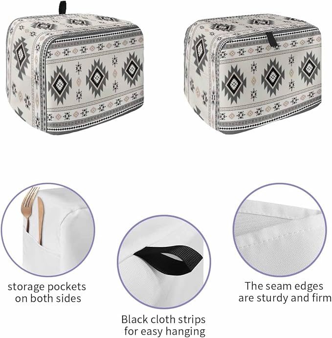 Gray Beige Boho Toaster Cover 2 Slice, Ethnic Tribe Vintage Dustproof Bakeware Oven Protector with Top Hook, Southwestern Waterproof Small Kitchen Appliance Toasters Dust Cover, 12"x7.5"x8"