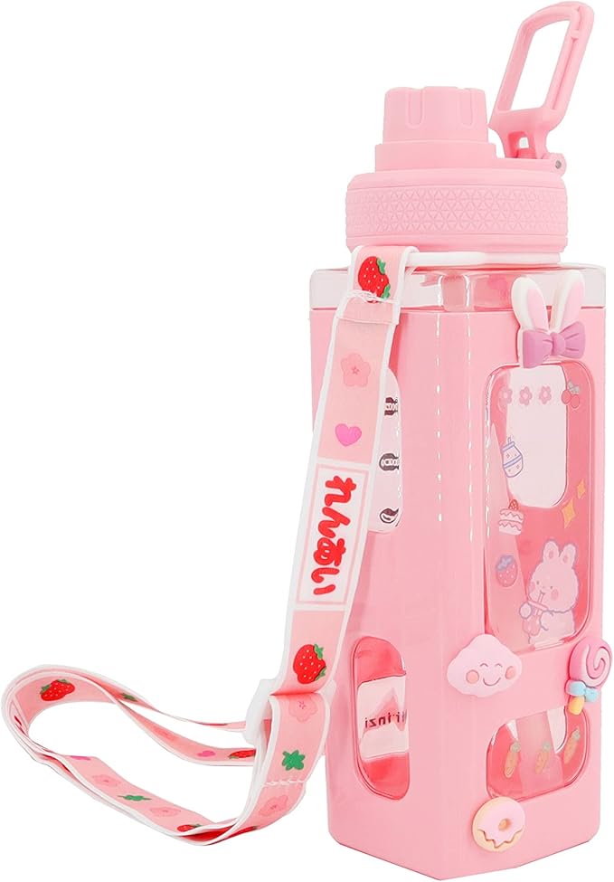 Kawaii Bear Pastel Water Bottle With 3D Sticker 700ml Plastic Travel Tea Juice Milk Portable Cute Shaker Drink Bottle Gift (Pink)