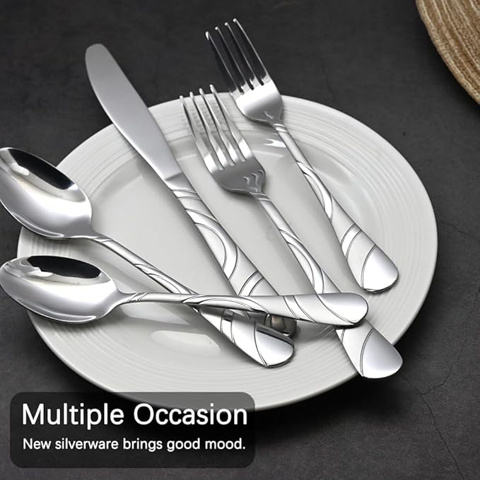 60-Piece Silverware Set for 8, 18/0 Frosted & Mirror Finish Stainless Steel Vintage Flatware Set, Modern Cutlery Set for Home Wedding Restaurant Housewarming Party Event Serving For 12