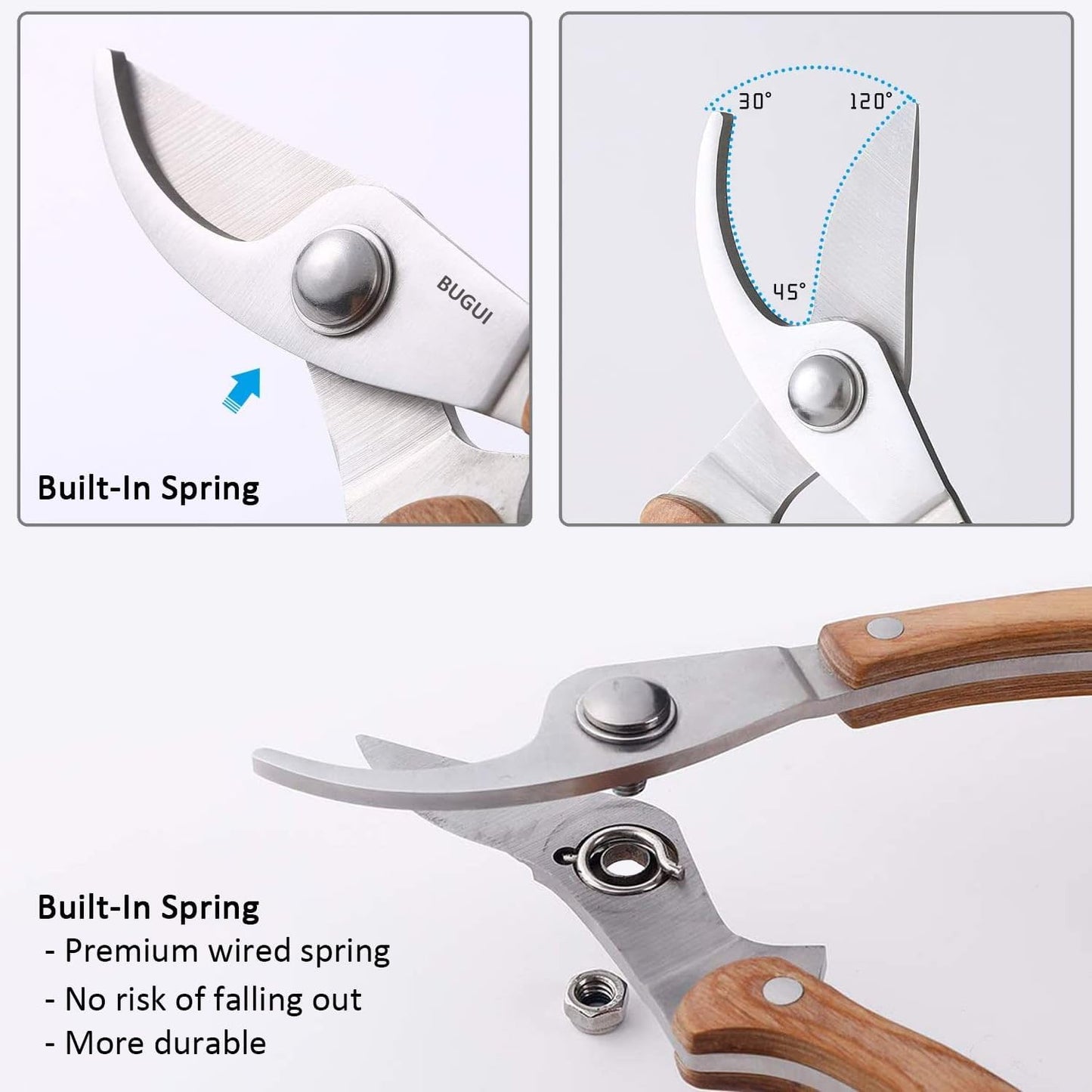 BUGUI 8” Wood Handle Garden Scissors, Set of 2, Includes Bypass Pruning Shears and Long Straight Tip Clippers, Premium Gardening Tools with Precision-Ground SK-5 Steel Blade