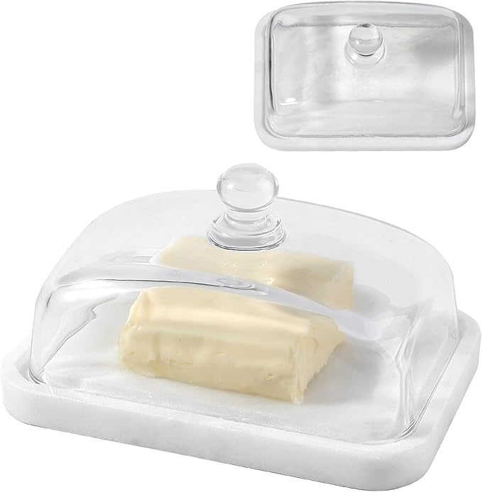 Koville White Marble Butter Dish with Lid for Countertop and Refrigerator Door Shelf, White Marble Butter Keeper, Stone Butter Dish with Lid, Airtight Butter Keeper Container, Dishwasher Safe