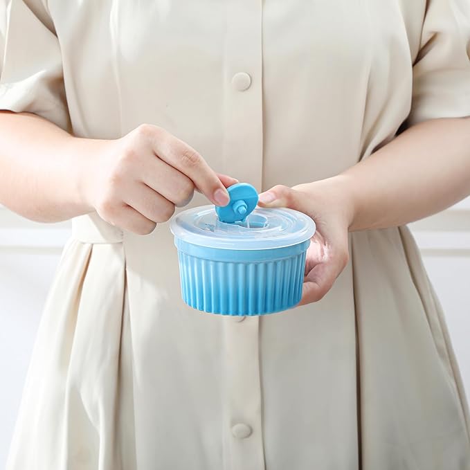 vancasso 6 oz Ramekins with Lid, Porcelain Creme Brulee Souffle Dishes, Blue Pudding Custard Cups Ramiken for Baking, Dishwasher and Oven Safe, Set of 6