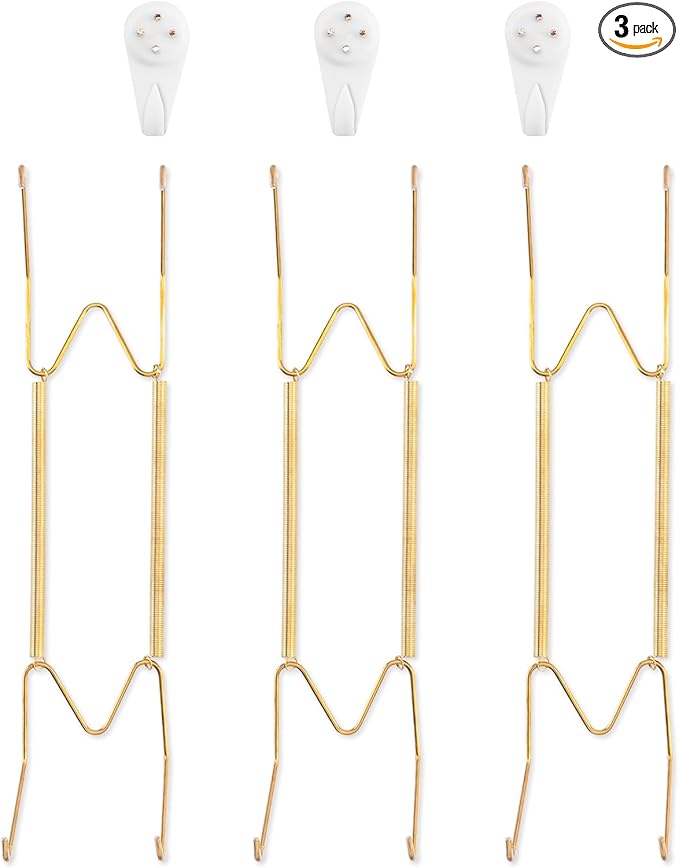 3 Pack Plate Hangers for The Wall, Suitable for 10-14 inch Art Plate, Stainless Steel Invisible Heavy Duty Wire Plate Holder with Wall Hooks, Plate Hangers for Displaying Plates, Platter, Dish, Gold