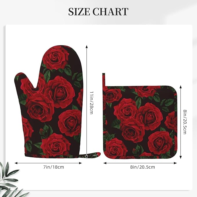 Red Black Rose Flower Oven Mitts and Pot Holders Sets of 4, Heat Resistant Silicone Oven Mittens and Potholders Gloves Hot Pads for Kitchen Cooking Baking Grilling BBQ Chef