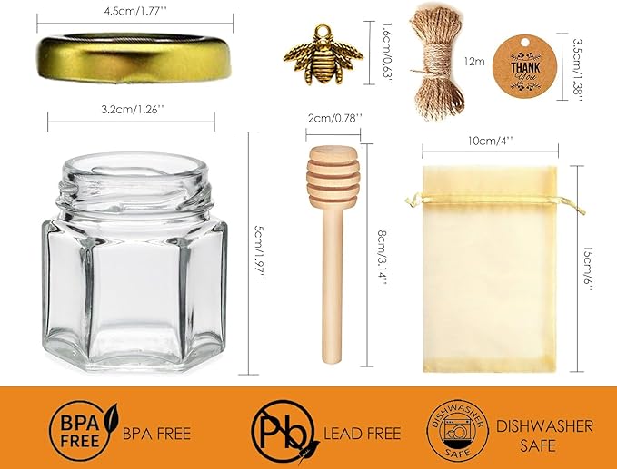 Adabocute 20 Pack Mini Honey Jars with Dipper - Mini Honey Jars for Baby Showers & Wedding Gifts - Gold Lids, Bee Pendants, Jutes and Gift Bags