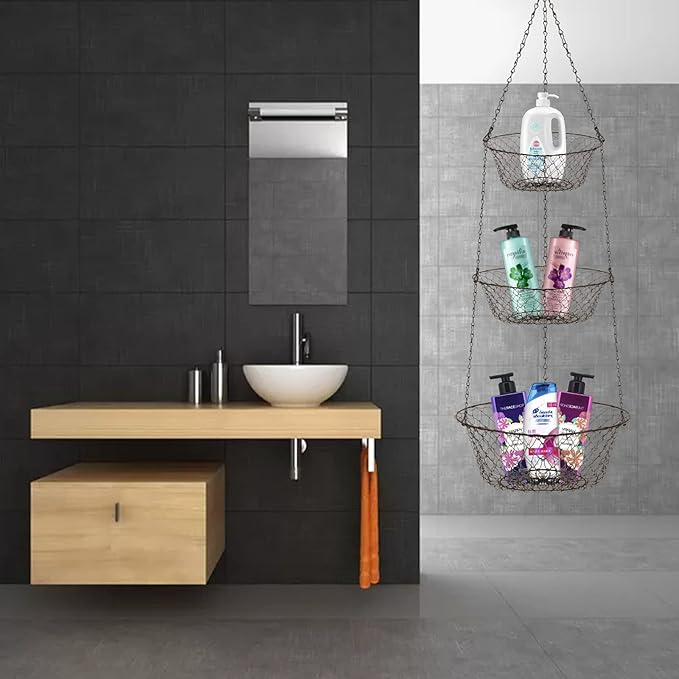 3-Tier Hanging Basket, Storage Organizer for Fruits,Vegetables, Accessory, perfer for Kitchen and Bathroom
