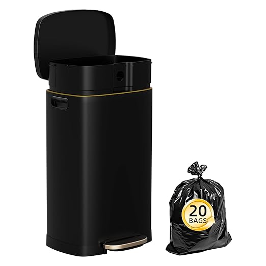 KdbK 13 Gallon Trash Can with Lid, 50L Fingerprint Proof Stainless Steel Kitchen Trash Can with Removable Inner Bucket and Lid Soft Close, Pedal Rubbish Bin for Home Office, Black