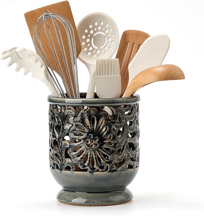 Farmhouse Kitchen Utensil Holder for Countertop, Ceramic Large Cooking Utensil Crock with Cork Mat, Decorative Rustic Utensil Holder for Kitchen Counter, Hollow Carving Flower, Gray