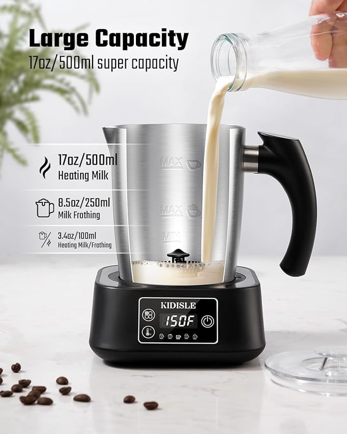 KIDISLE 5-in-1 Milk Frother and Steamer, 17oz Detachable Frother with Adjustable Temperature, Hot Chocolate Maker, Stainless Steel Milk Steamer, Hot & Cold Foam Maker, Dishwasher Safe