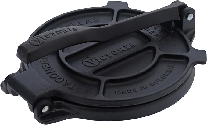 Victoria 8 Inches Cast Iron Tortilla Press, Roti Maker and Tortilladora, Pataconera Seasoned with Flaxseed Oil, Made in Colombia, Traditional Style, Black
