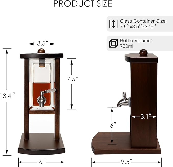 Whiskey Decanter with Tap, Glass and Wood Liquor Dispenser for Home Bar, Bourbon Tequila and Scotch Decanter, Unique Whiskey Gift Set for Men and Whiskey Lovers