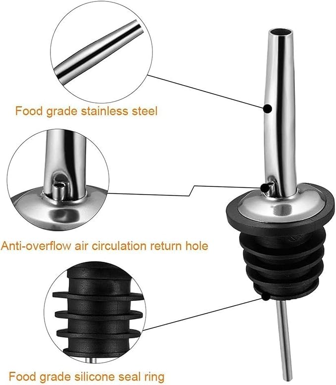 6PCS Bottle Pourer with Adapters, Oil Pourer Spout with Rubber Dust Caps, Stainless Steel Liquor Pour Spout, Speed Pourers for Alcohol, Olive Oil, Bartender Accessories