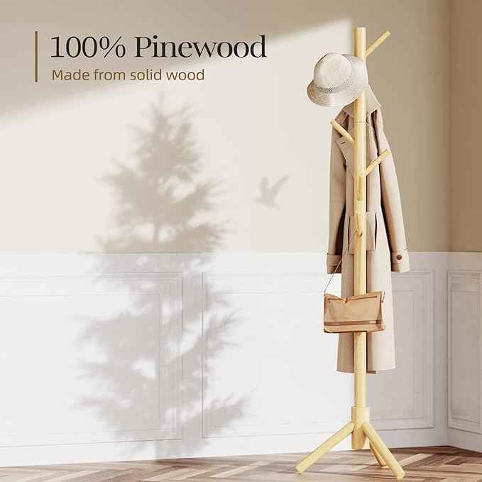 Pipishell Coat Rack Sturdy Wooden Coat Rack Stand, Adjustable Coat Tree, Free Standing Tree Hanger with 4 Sections & 8 Hooks, for Home/Bedroom/Office/Hallway/Entryway