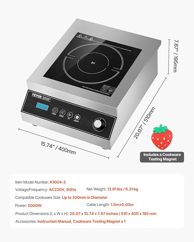 VEVOR Portable Commercial Cooktop, 5000W Induction Burner with 16 Temp Settings, Stainless Steel Countertop Induction Hot Plate with 4H Timer, Child Lock