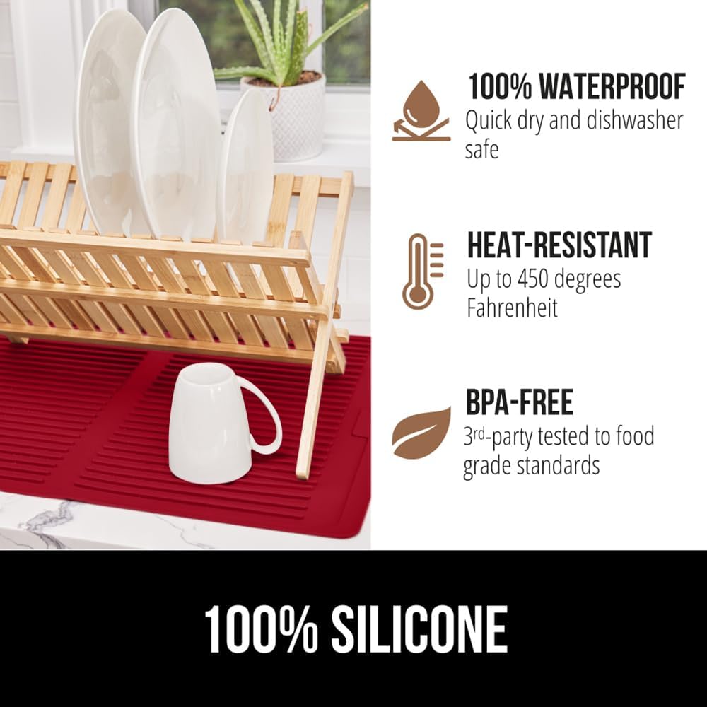 GORILLA GRIP 100% BPA-Free Patented Silicone Dish Drying Mat for Kitchen Counter, 18x16 Inch, Water Catching Ribbed Design, Easy Clean Waterproof Sink Liner, Heat Resistant, Fits Under Rack, Red