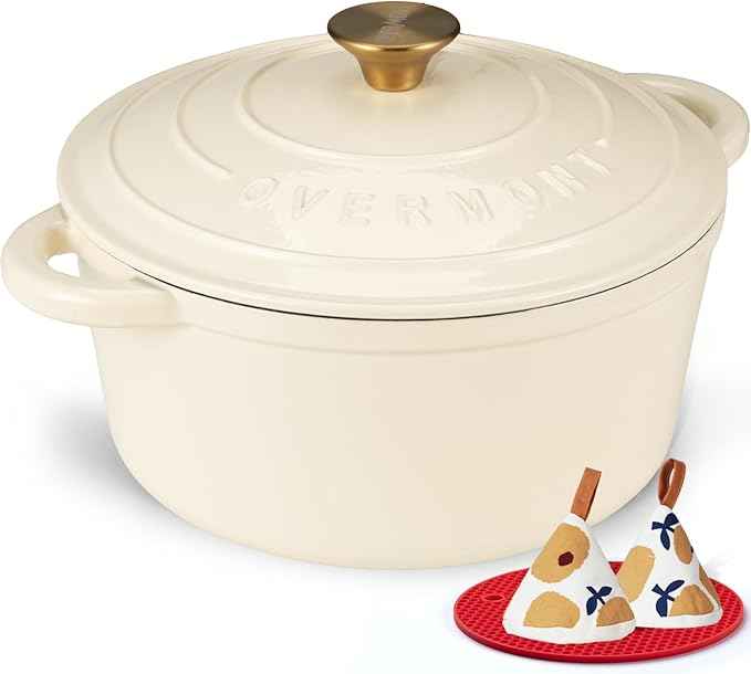 Overmont Enameled Cast Iron Dutch Oven - 5.5QT Pot with Lid Cookbook & Cotton Potholders - Heavy-Duty Cookware for Braising, Stews, Roasting, Bread Baking Cream White
