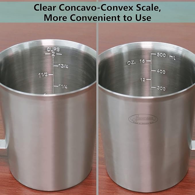 Newness Stainless Steel Measuring Cup, Metal Measuring Cup with Handle (Upgraded, 3 Marking Including Cup/ML/Ounce Scale), 16 Ounces (0.5 Liter, 2 Cup) (Pack of 2)
