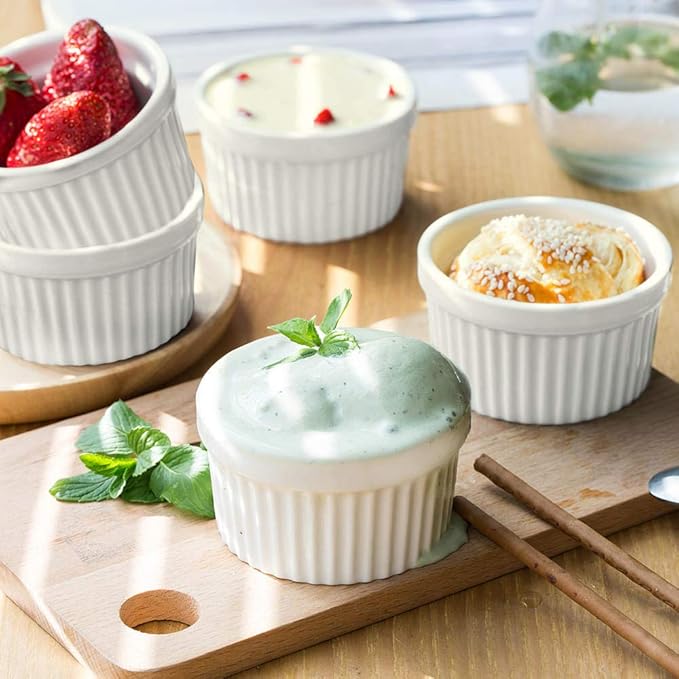 Foraineam Set of 12 Pcs 6 oz Porcelain Souffle Dishes, White Ramekins Bakeware Set Dessert Custard Baking Cups for Baking, Cooking, Serving and More