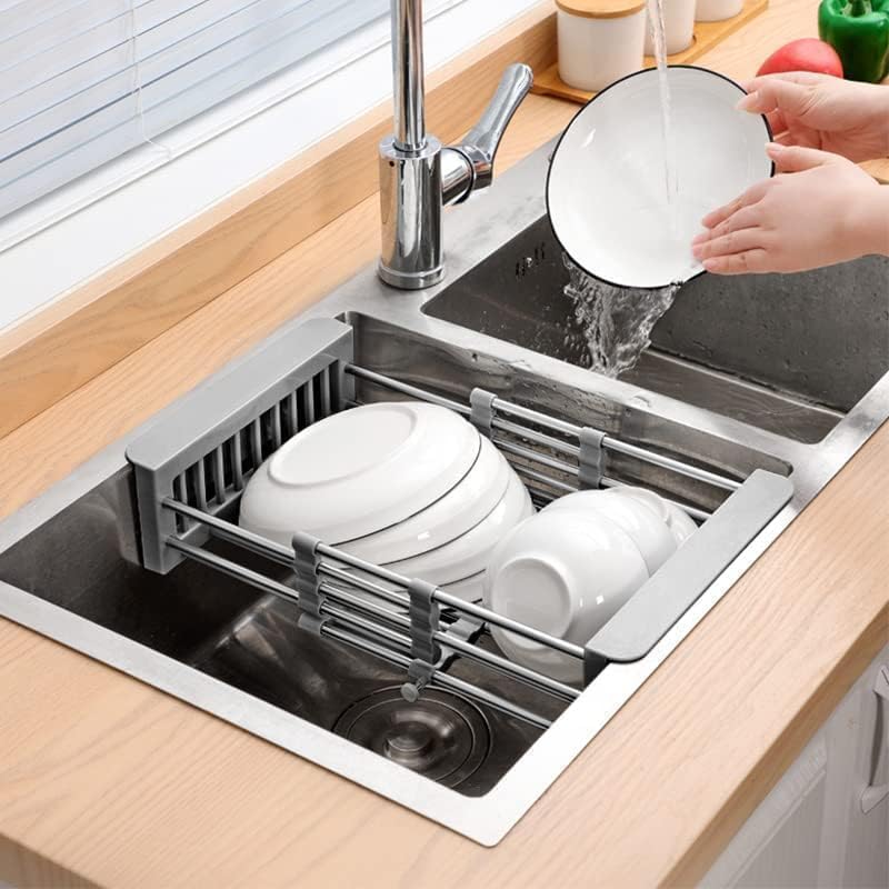 Cyrank Dish Drying Rack, Over The Sink PET Kitchen Rack, Expandable Drain Basket, Adjustable Stainless Steel Strainer, S#Grey