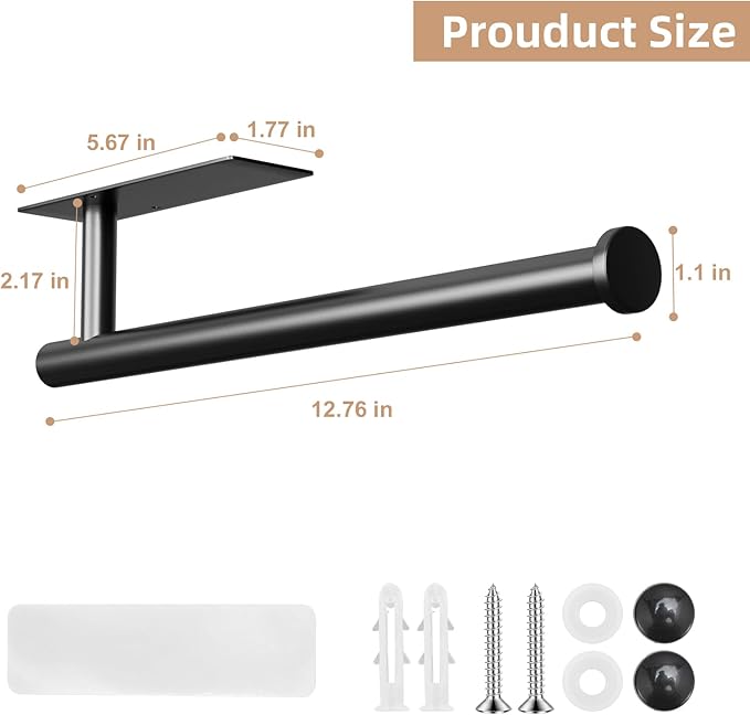 2 Pack Paper Towel Holder, Improved Paper Towel Holder Under Cabinet, Stainless Steel Paper Towel Holders Bar Rack with Self Adhesive and Screws for Kitchen, Bathroom, RV, Black