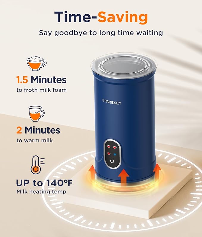 Spacekey Milk Frother Electric Automatic Frother for Coffee with Mute Mode, 10.1oz/300ml Overheat Protection Milk Steamer, 4-in-1 Warm and Cold Foam Maker for Latte/Hot Chocolate