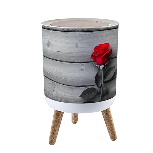 Trash Can with Lid Red Rose Black White Press Top Round Small Garbage Bin with Wooden Legs Waste Basket for Kitchen Bedroom Nursery 7L/1.8 Gallon