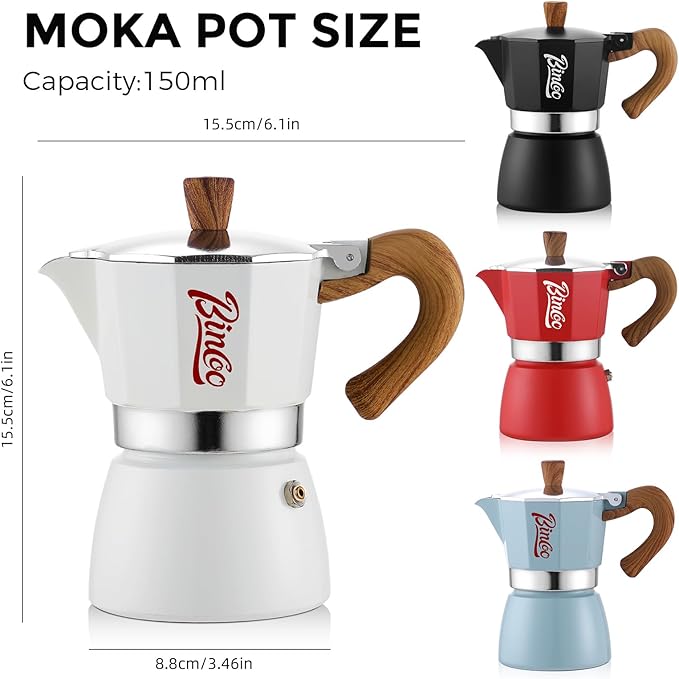 Bincoo Espresso Maker Stovetop, Moka Pot 3 Cups, Espresso Pot Classic Italian Coffee Maker,Single Safety Valve (White, 3 Cup)