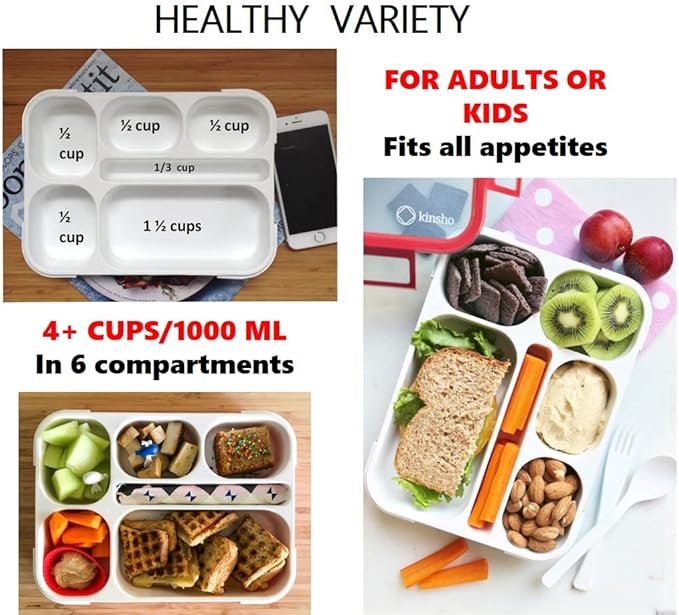 kinsho Bento Box Kids Lunch-Box, Snack Containers for Toddler Daycare, Leakproof School Bentobox 6 Compartment Container for Boys Girls Adults Lunches, Utensils, Red