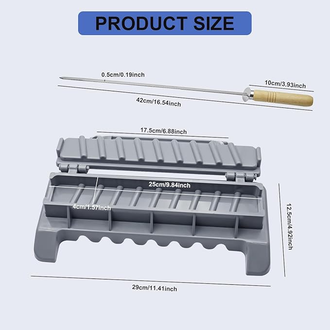Large Kebab Maker Plastic Press with 6 Stainless Steel Skewers and 1 Peeler, Kabob Skewers Barbecue Machine Maker Mold, Portable Easy to Use Kebabs Essential Grilling Tool (Grey)
