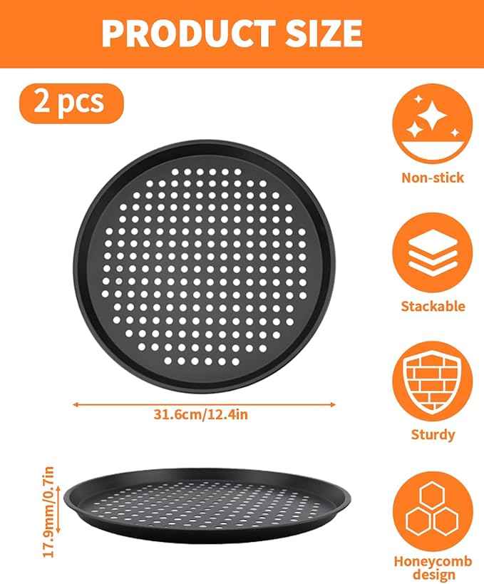2 PCS 12-Inch Nonstick Pizza Pan with Holes, Perforated Carbon Steel Pizza Tray for Oven, Round Bakeware Pizza Tray for Home Restaurant Kitchen Baking