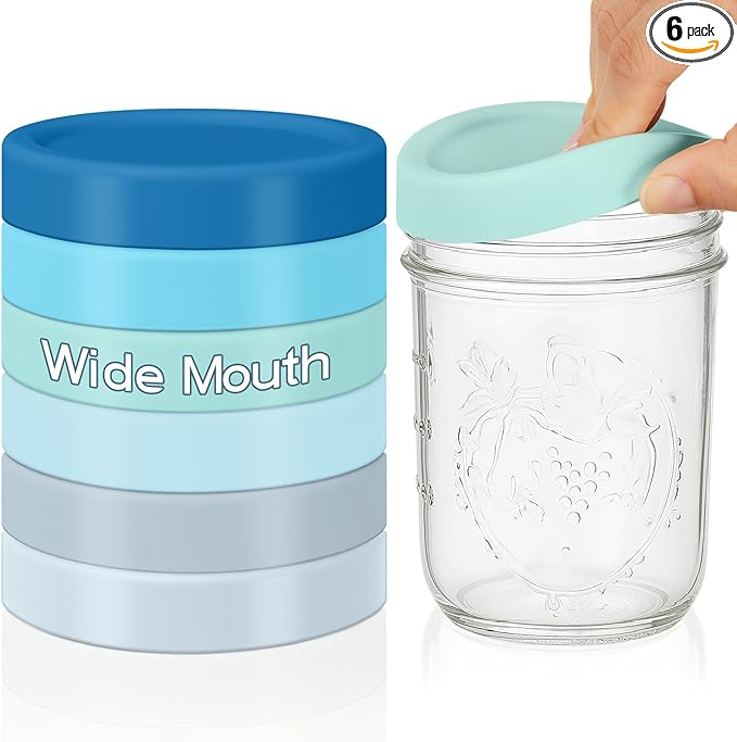 Teenyyou 6 Pcs Silicone Wide Mouth Lids Mason Jar Lids Thickened Leak Proof Lid for 86 mm All Wide Mouth Mason Jars, Reusable Large Canning Jar Caps(Classic Color)