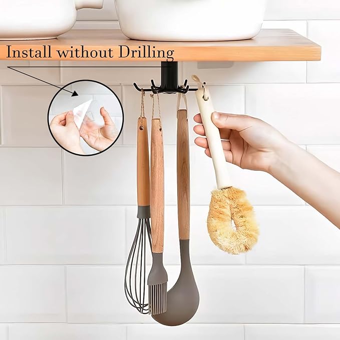 3PCS Under Cabinet Hooks for Kitchen Utensils, 360° Rotating Utility Hooks, Space-Saving Adhesive Kitchen Storage Rack for Hanging Tools and Utensils, Durable and Easy Installation (Black + Grey)