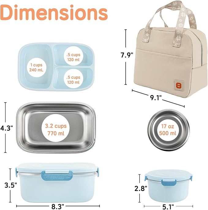 18/8 Stainless Steel Bento Box, Bento Lunch Box with Soup Bowl for Kids and Adults, Food Containers with Bag for Office or School, Blue