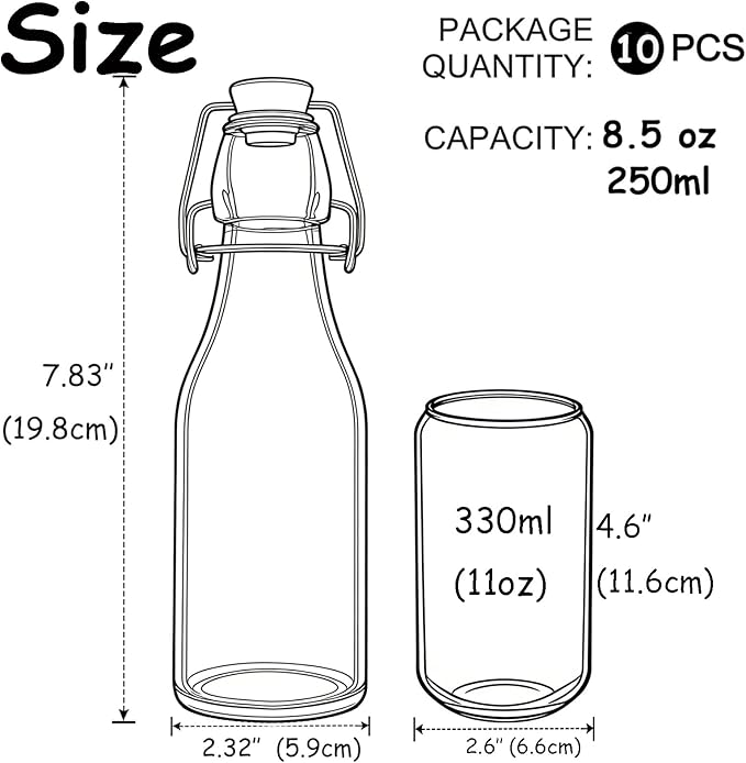 ZEBEIYU 10 Pack Swing Top Glass Bottles 8.5 oz,Flip Top Beer Brewing Bottles for Kombucha, Homemade, Kefir, Water, Beverages, Soda, Oil, Vinegar, Fermentation,Limoncello