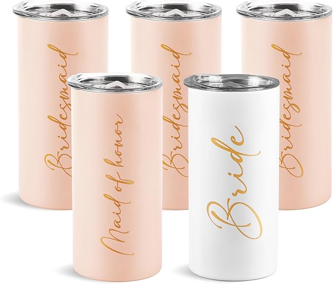 Bridesmaid Proposal Gifts Set of 5 Bachelorette Gifts for Bridesmaids Maid of Honor Cups Wedding Party Favors Stainless Steel Skinny Tumbler with Lid and Straw 15 OZ