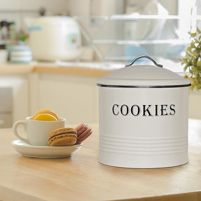 Blue Donuts Vintage Cookie Jar - Airtight Counter Cookie Container, Ivory Tin with Lid for Gift Giving, Large Capacity