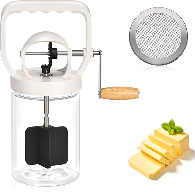 CAROD Traditional Manual Butter Churn Maker, 1.2L Capacity Glass Jar with Sifting Lid, Create Delicious Homemade Butter within 15 Min, Upgraded Design Protect from Injury