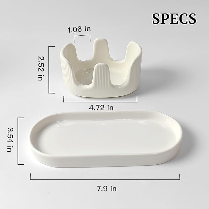 Ceramic Double Sponge Holder with Soap Tray, 2-Slot Countertop Sink Organizer, Modern White Kitchen Sponge & Dish Soap Holder, Rust-Free, Easy to Clean, Decorative Sink Caddy Set
