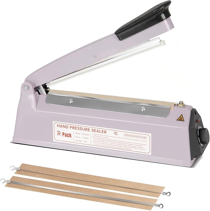 Impulse Heat Sealer with Hot Cutting Wire, Heavy-Duty Bag Sealing & Cutting Machine, 2 Extra Replacements（Purple, 8inch）
