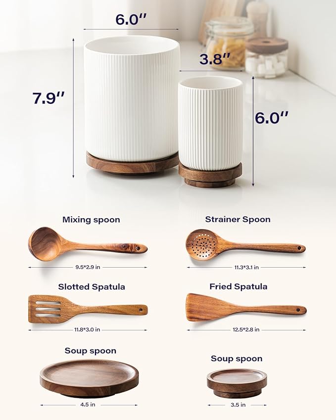 getstar Large Rotating Utensil Holder for Kitchen Counter,7.9"+6" Ceramic Utensils Crocks Set for Countertop Large & Small Utensil Organizer for Spatula Farmhouse Kitchen Decor