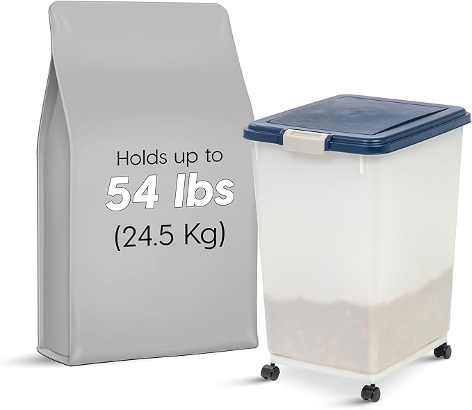 IRIS USA 54 Lbs / 69 Qt WeatherPro Airtight Pet Food Storage Container with Attachable Casters, For Dog Cat Bird and Other Pet Food Storage Bin, Keep Fresh, Easy Mobility, BPA Free, Navy/Pearl
